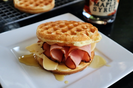 Ham and cheese waffle sandwiches